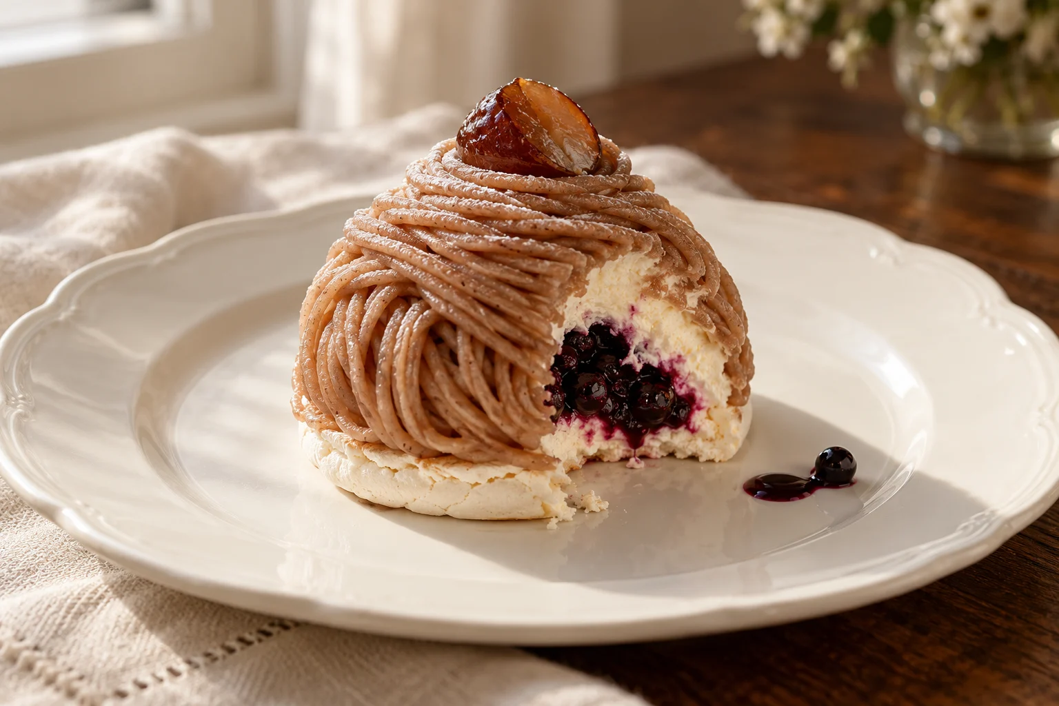 Mont-blanc aux marrons Imbert d’Aubenas, meringue croustillante et cœur de cassis Noir de Bourgogne.