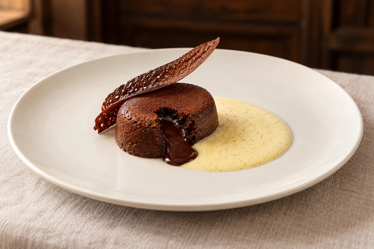 Moelleux au chocolat Guanaja 70 % de Valrhona, crème anglaise à la vanille de La Réunion et fine tuile au cacao.