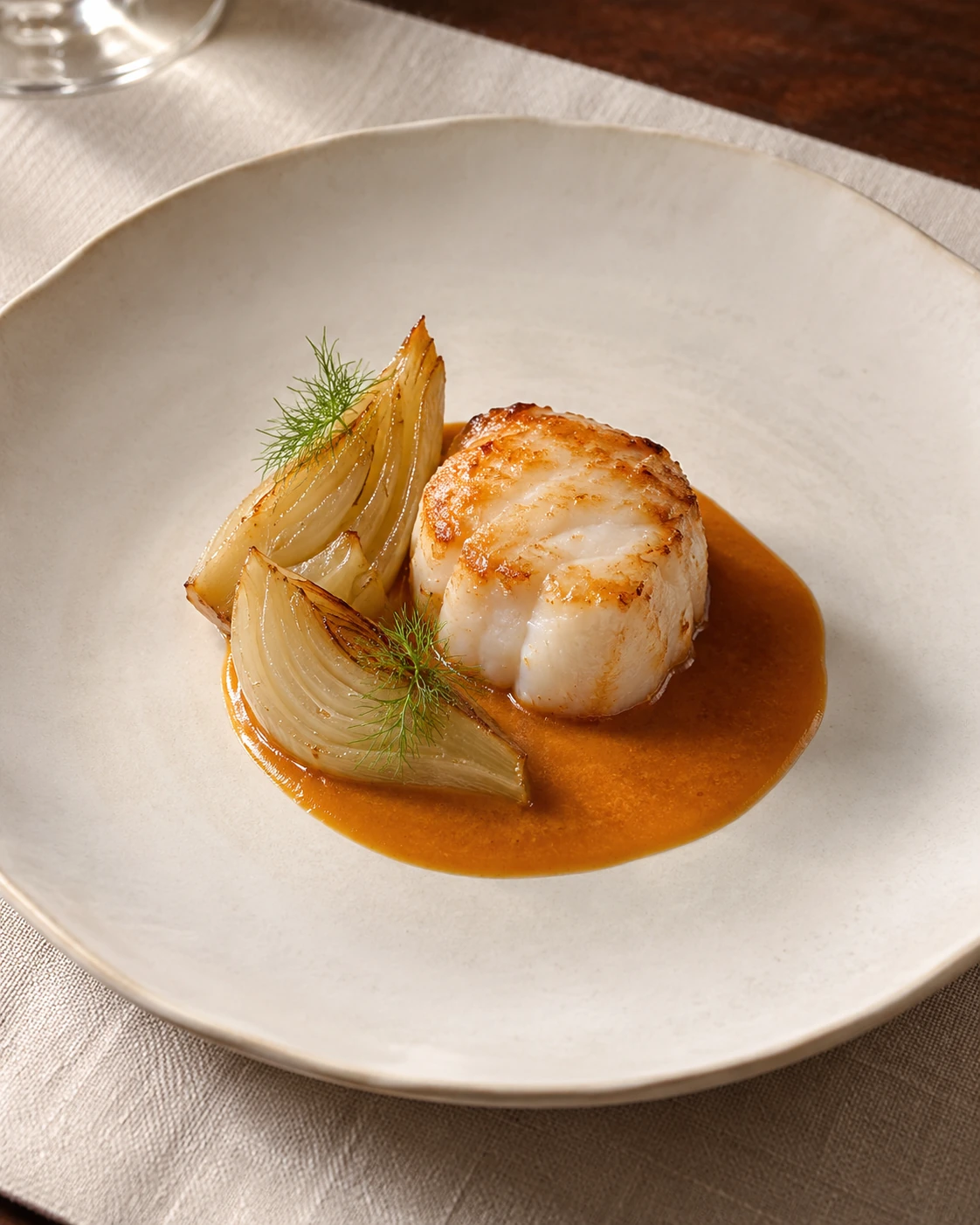 Médaillon de lotte de la Manche, fenouil fondant et sauce à l’armoricaine.