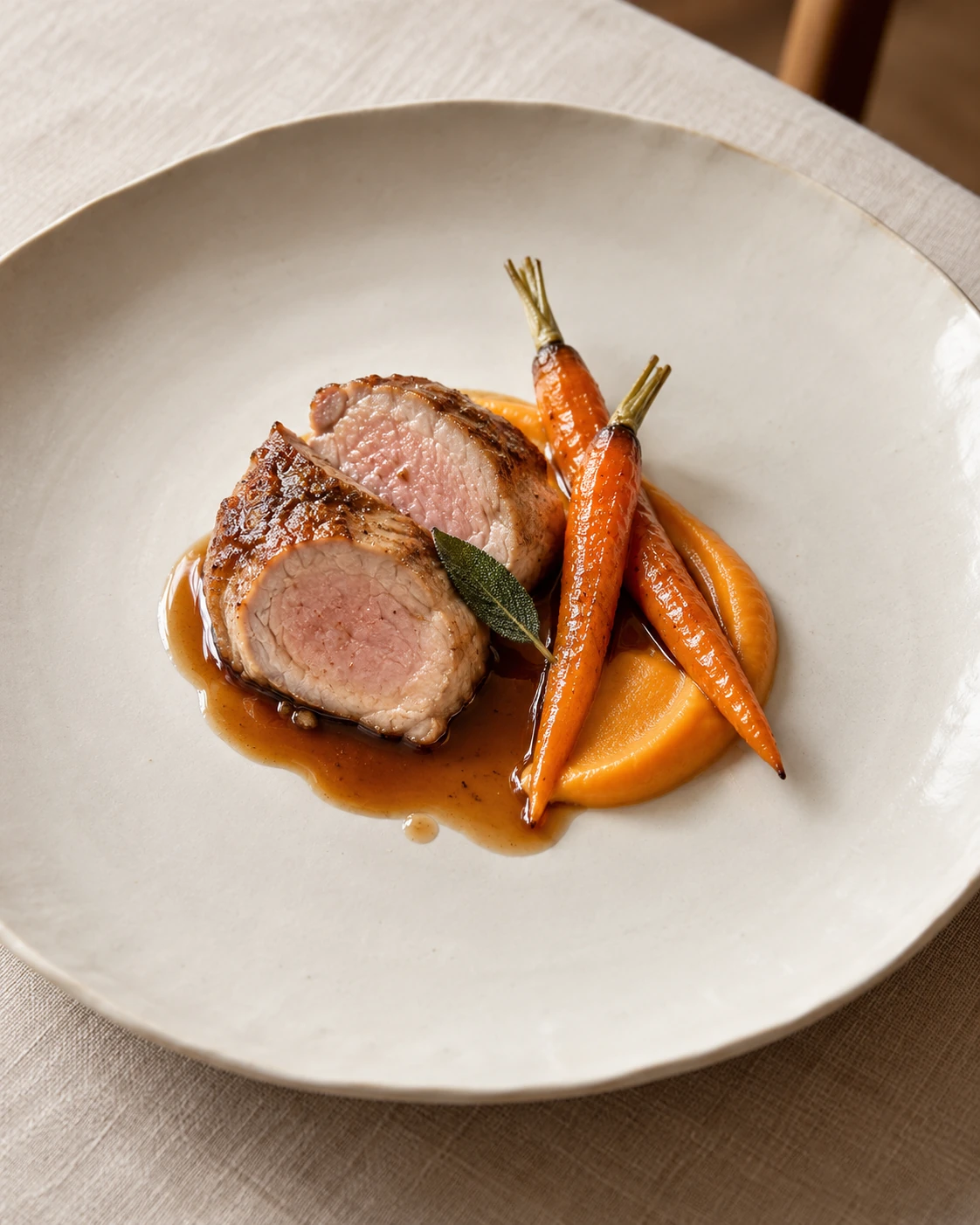 Quasi de veau de Nouvelle-Aquitaine rôti, carottes en deux textures et jus court à la sauge.