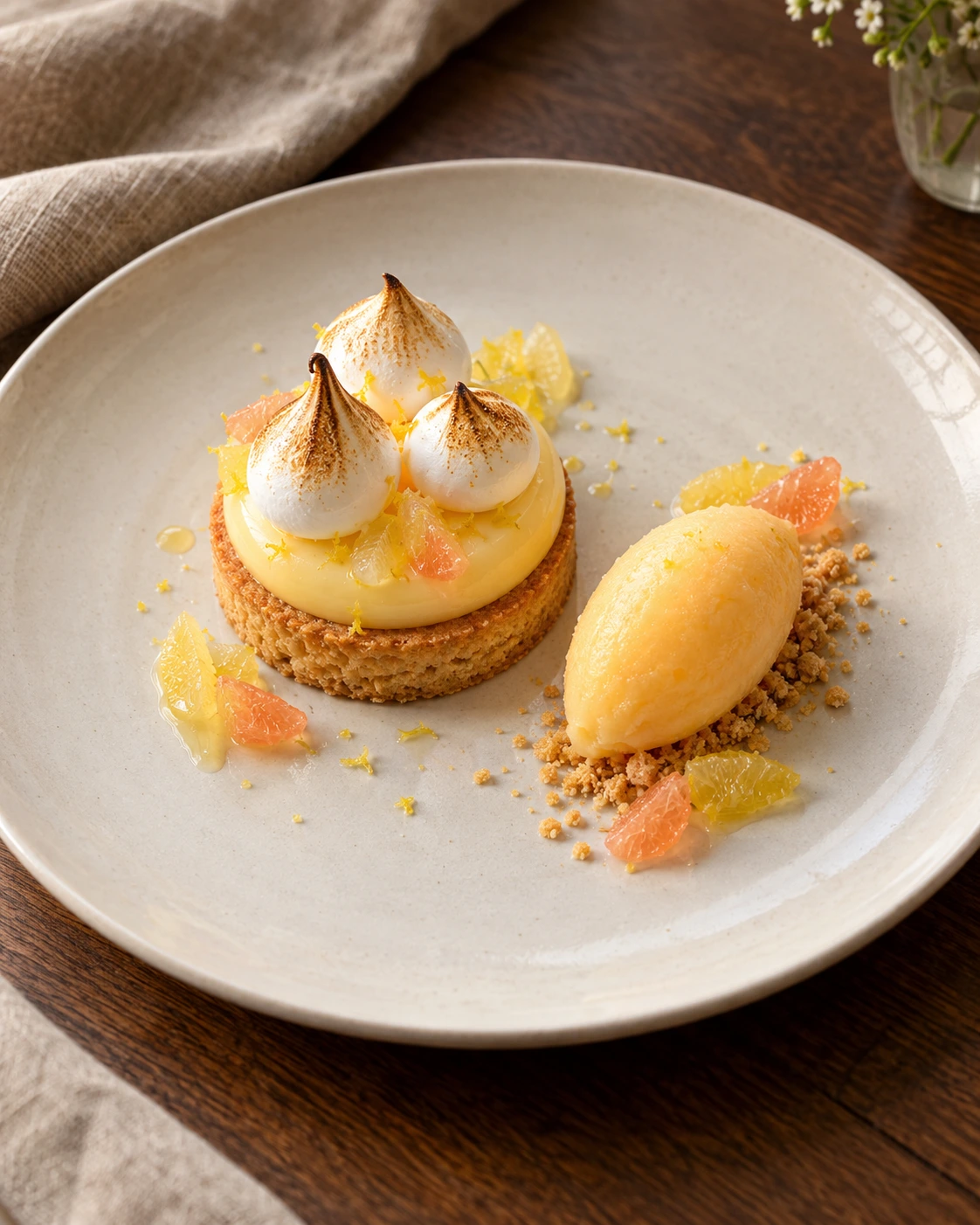 Sablé breton, crémeux citron, meringue dorée et sorbet aux agrumes.