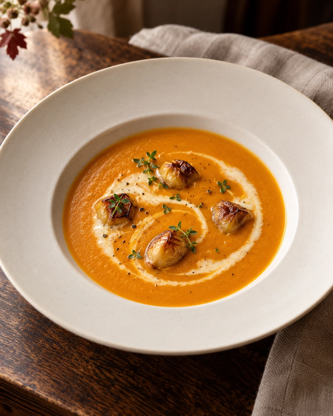 Velouté de potimarron, châtaignes et crème fumée.