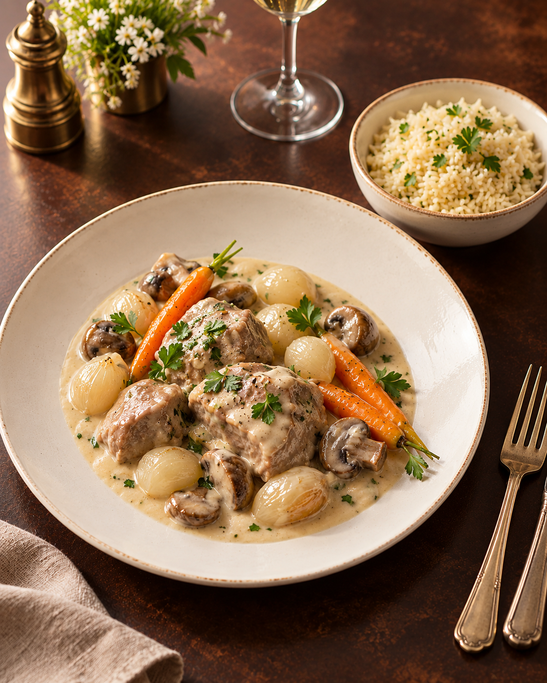 Blanquette de veau du Tarn à l’ancienne, champignons, petits oignons et riz pilaf.