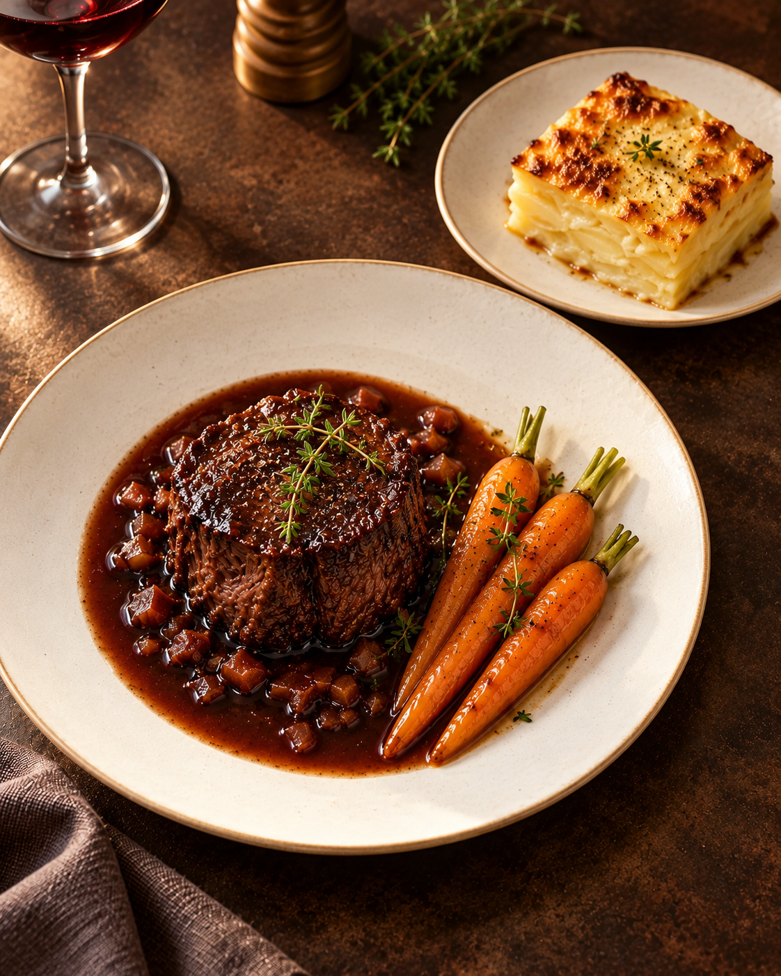 Paleron de bœuf de la Ferme de Vers confit au vin rouge, gratin dauphinois, carottes glacées et jus au thym.