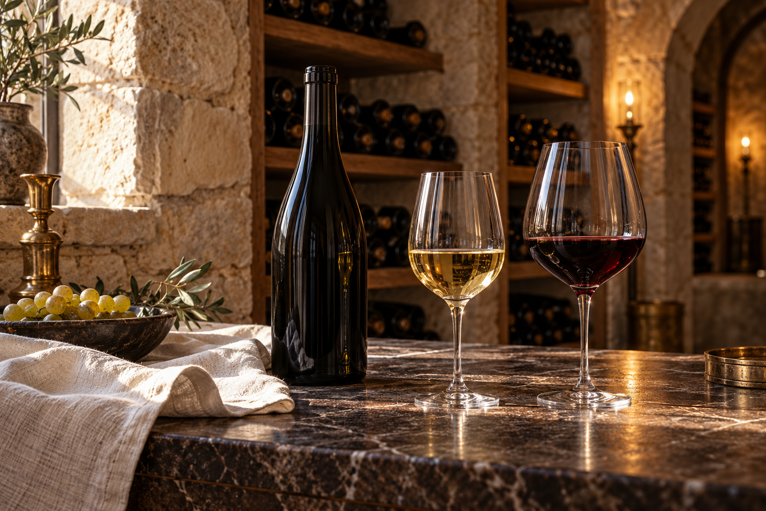 Bouteille et verres de vin dans une ambiance de cave française