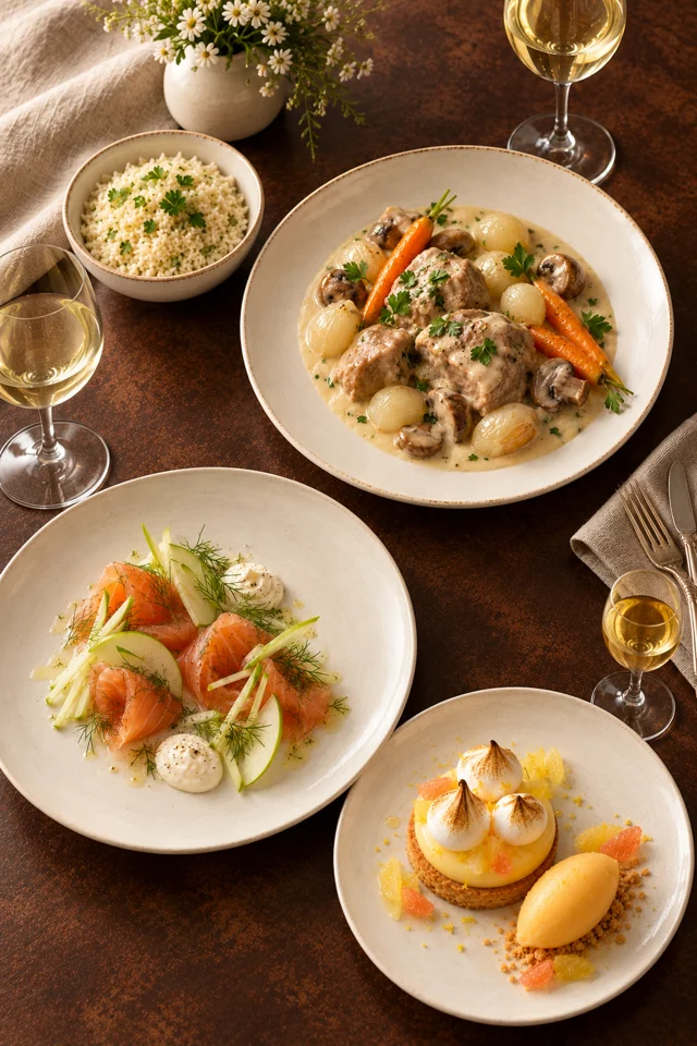 Les beaux dimanches — entrée marinée, blanquette et dessert citron