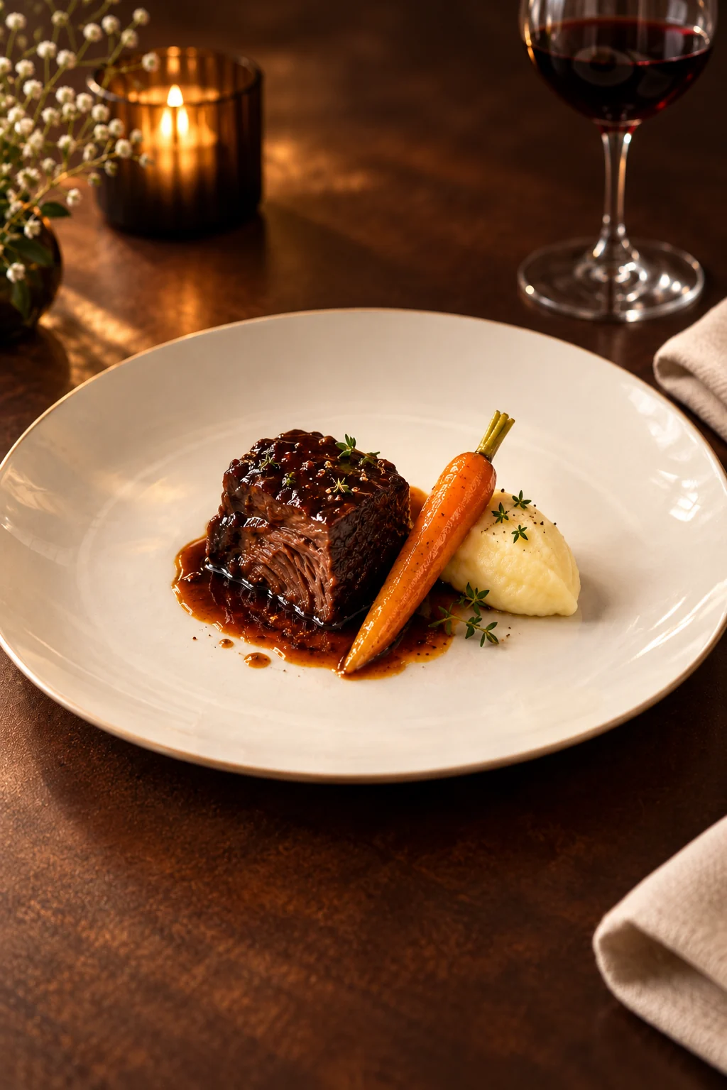 Bœuf de la Ferme de Vers longuement confit, carotte glacée, mousseline de pommes de terre et jus au vin rouge.