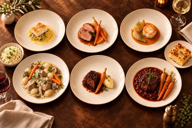 Six plats de notre cuisine française, réunis à table