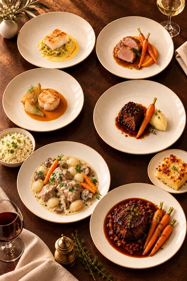 Les six plats, dans une composition verticale