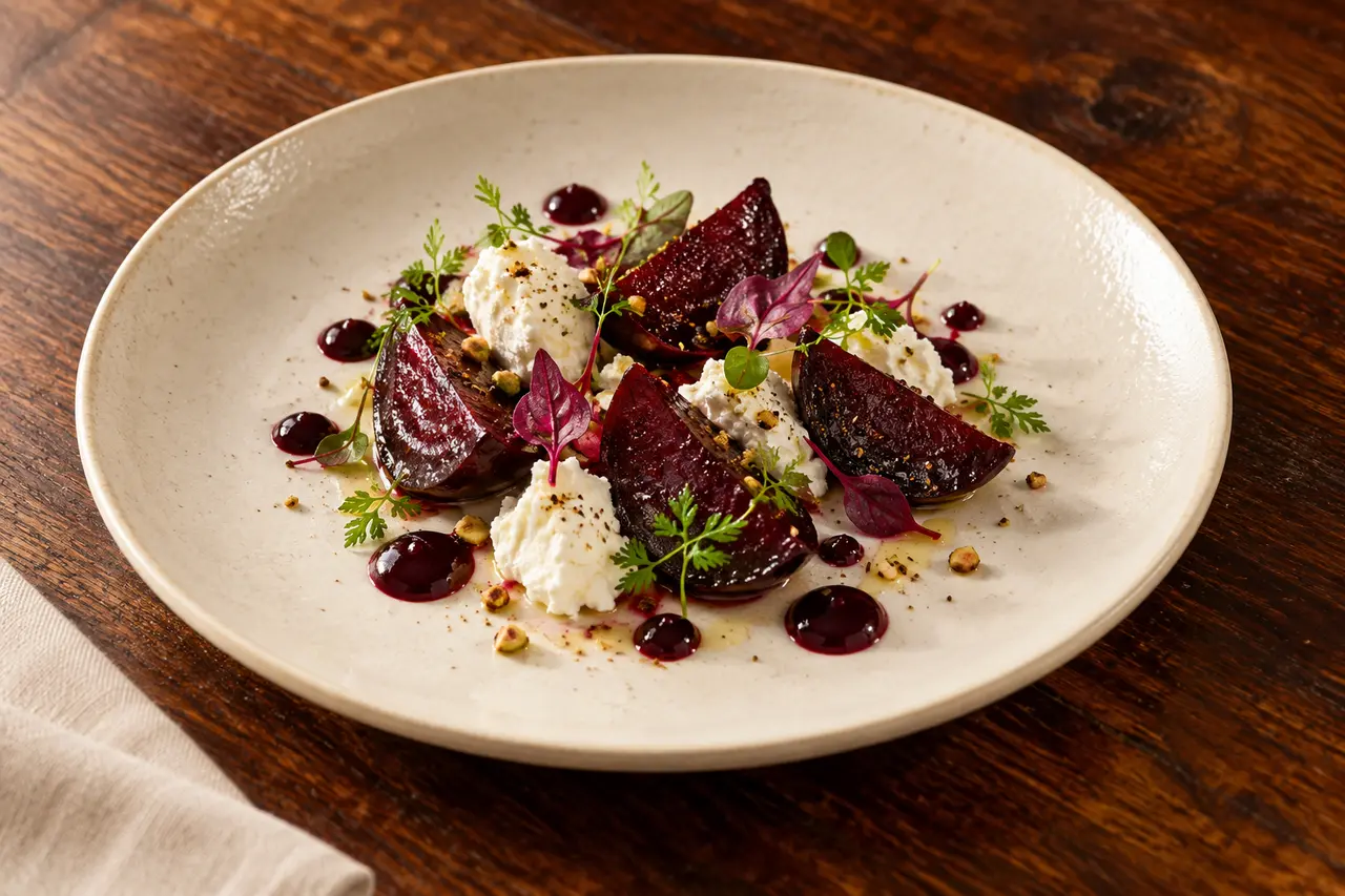 Betterave cuite en croûte de sel, chèvre frais et vinaigrette au cassis.