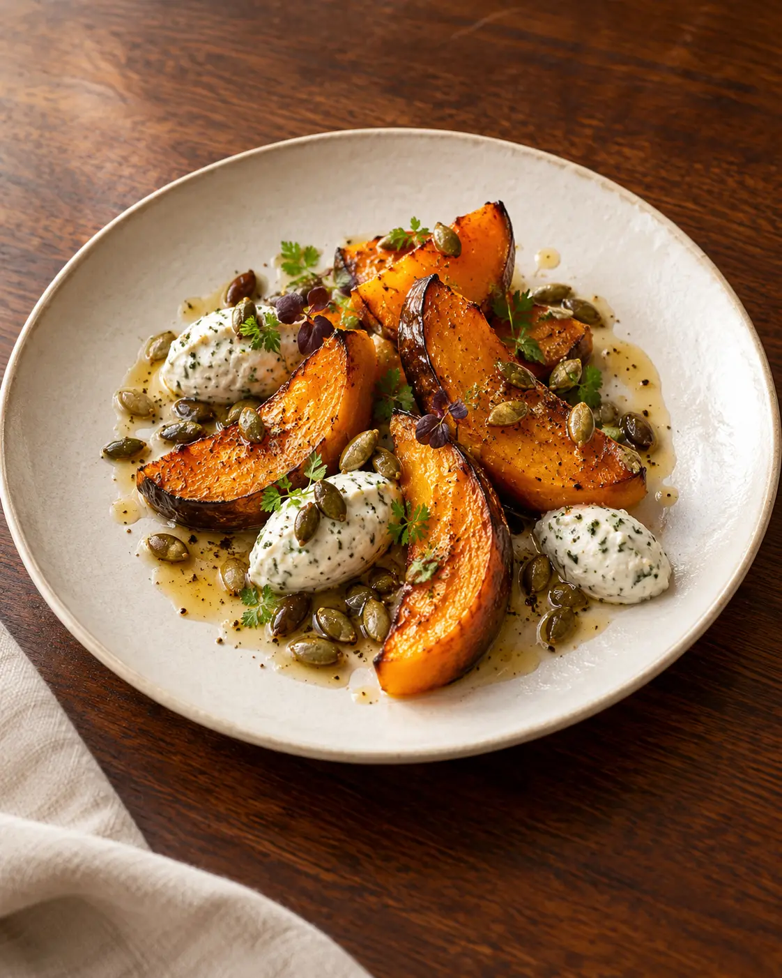 Courge rôtie, fromage blanc aux herbes, graines de courge et vinaigrette au cidre.