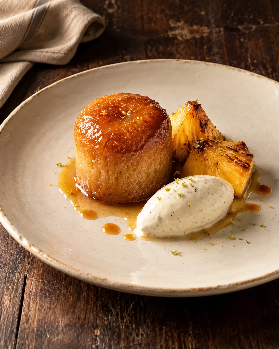 Baba au rhum ambré, ananas rôti et crème légère à la vanille de La Réunion.