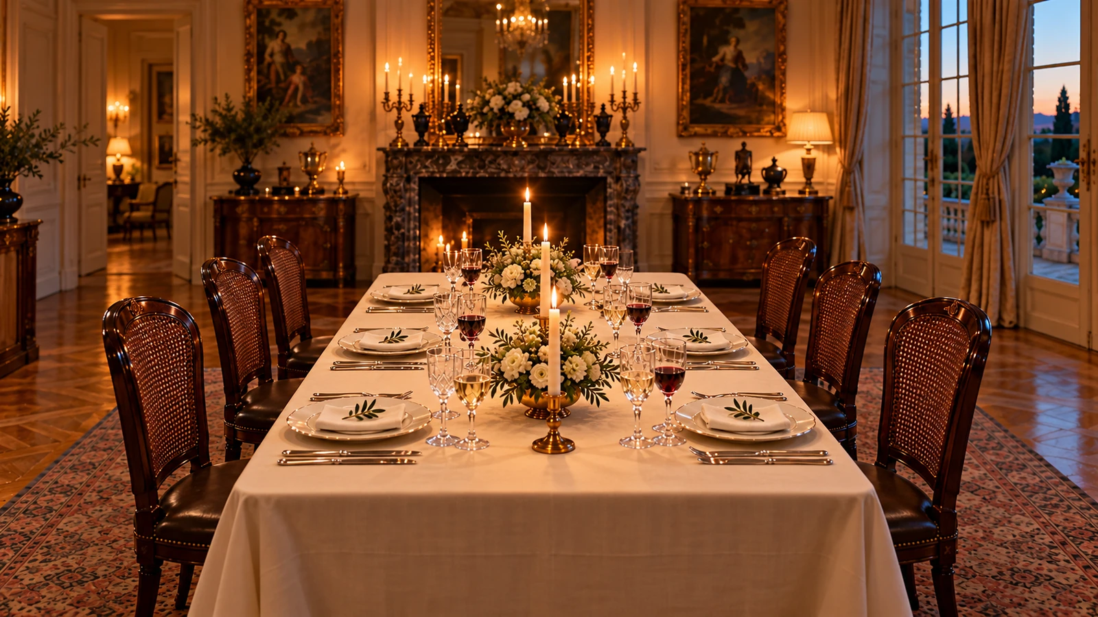 Grande table de banquet, linge ivoire, verrerie en cristal et fleurs à la lumière des bougies