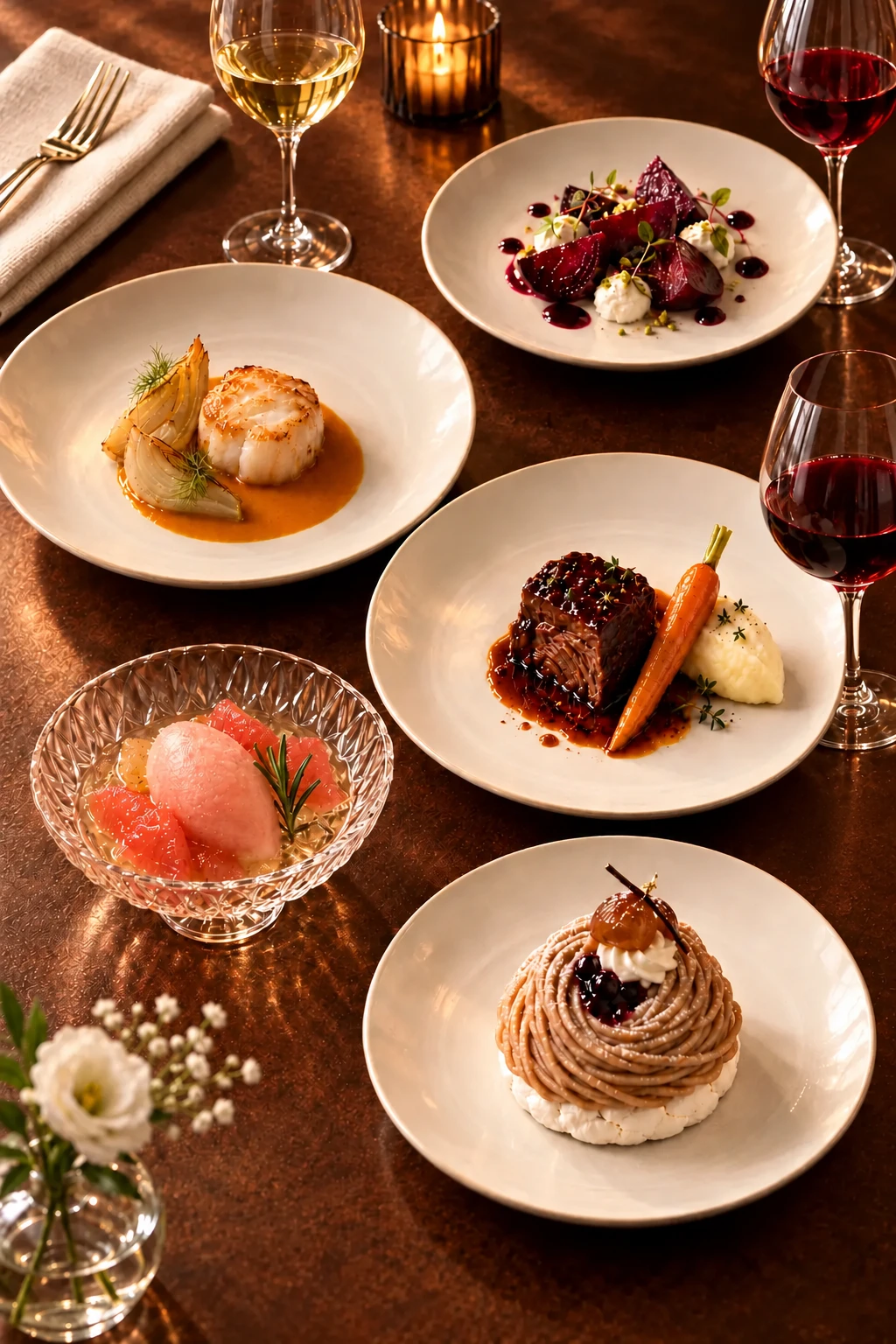 La table de caractère — betterave, lotte, bœuf confit, pamplemousse et mont-blanc