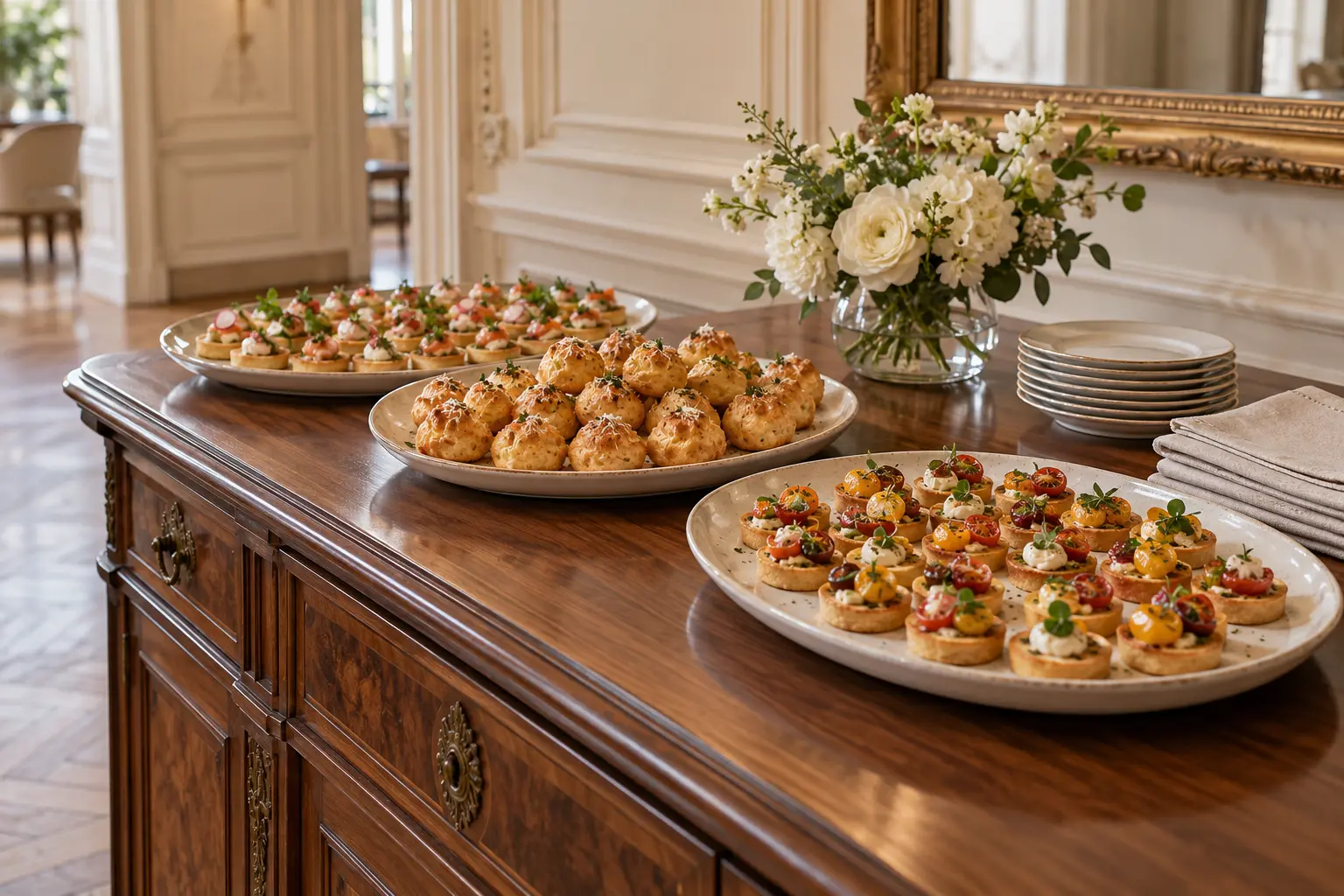 Présentation de pièces de cocktail sur un buffet, inspiration culinaire